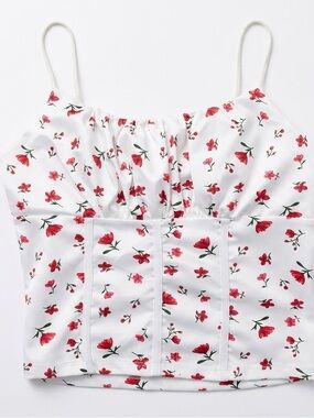 White Cami Top with Red Floral Print